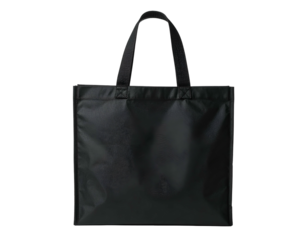Black rectangular tote bag with two handles, standing vertically against a solid black background