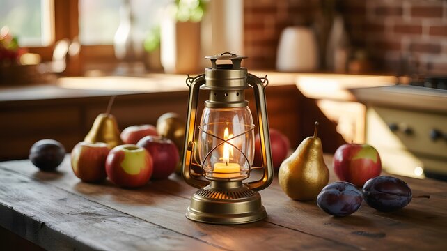 A vintage brass oil lantern glows warmly on a rustic wooden table surrounded by an assortment of fresh apples pears and plums - Powered by Adobe