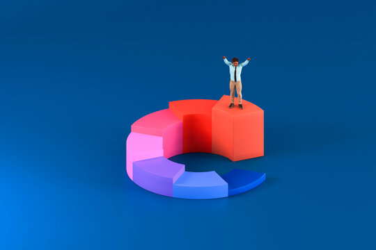 Business person celebrating success on 3D bar chart with blue background