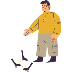 Man in a yellow sweater and beige cargo pants feeds small birds on a white background with a transparent background.