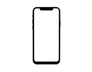 A realistic, frontal view of a modern smartphone with a black screen and thin bezel
