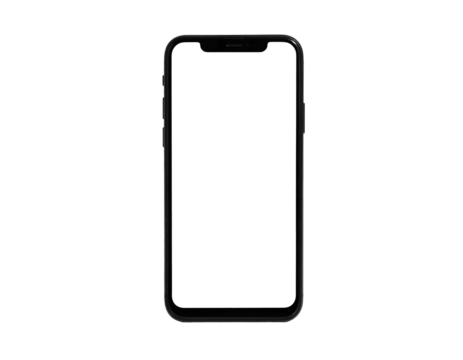A realistic, frontal view of a modern smartphone with a black screen and thin bezel