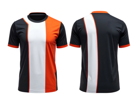 Front & back view of a sporty, athletic jersey. It features a contrasting color scheme