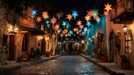 Posada navideña en un pueblo mexicano sobre la calle adornada con estrellas multicolores gente feliz celebrando entre los adornos brillantes, felices por la navidad mexicana