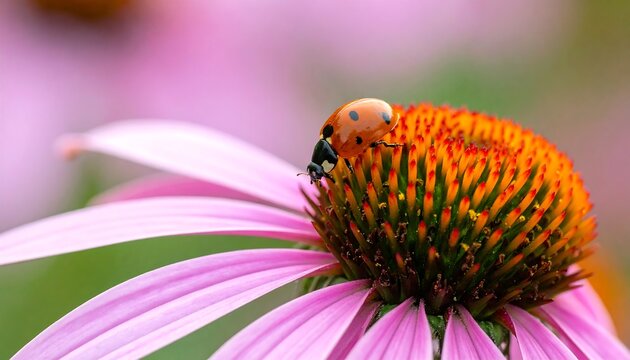 Macro shot of ladybug on a vibrant cone flower in full bloom