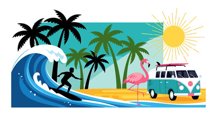 Stylized illustration of a surfer on a big wave with a camper van and flamingo on a tropical beach.