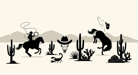 Silhouette of a cowboy on a horse with a lasso, a bucking bronco, a scorpion, and cacti in a desert landscape.