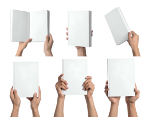 Compilation of hands holding blank, white hardcover books, different angles, on black background