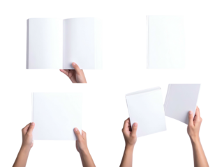 Various perspectives showing open book and closed books being held by hands with clean pages