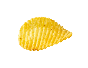 Close-up isolated image of a single, ridged, golden-brown potato chip on black background