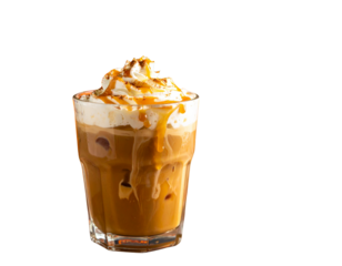 iced pumpkin spice macchiato with whipped cream and caramel drizzle