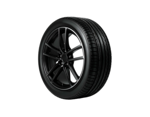 A shiny black automobile wheel with a tire featuring a detailed tread pattern