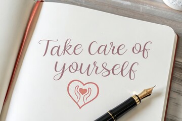 Words written 'TAKE CARE OF YOURSELF' on a book with a pen