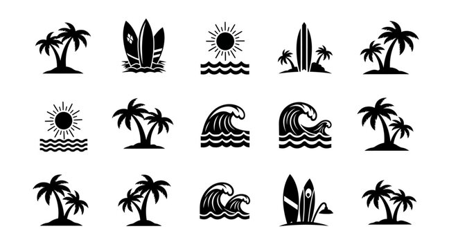 Collection of black and white vector icons depicting tropical beach and surfing elements like palm trees, sun, waves, and surfboards.