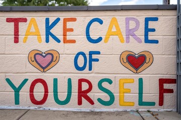 Words written 'TAKE CARE OF YOURSELF' on a wall with colorful paint color. Mural concept