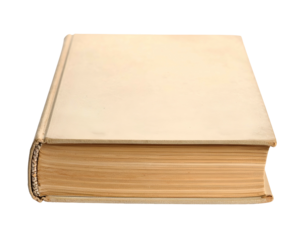 Close-up view of a thick, hardbound book with off-white cover and aged, yellowed pages