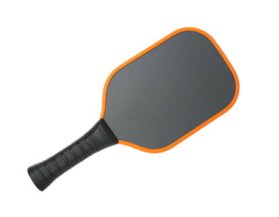 Isolated studio render of a pickleball paddle with a black grip and orange trim on a black background