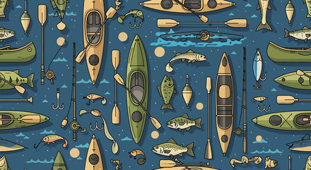 A detailed pattern of fishing and kayaking equipment, including boats, rods, lures, and various fish, set against a blue water-like background. © Sultan Desain