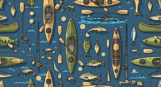 A detailed pattern of fishing and kayaking equipment, including boats, rods, lures, and various fish, set against a blue water-like background.