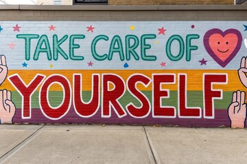Words written 'TAKE CARE OF YOURSELF' on a wall with colorful paint color. Mural concept
