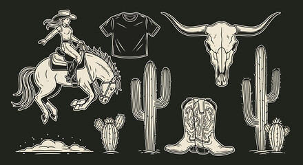 Vintage monochrome Western elements set with cowgirl, horse, longhorn skull, cacti, and cowboy boots on a dark background.