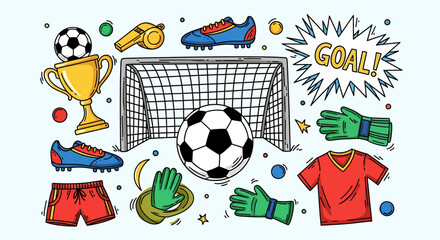A colorful hand-drawn collection of various soccer equipment and accessories. © Sultan Desain