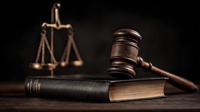 bronze scales, a wooden gavel and a closed law book on a dark background.