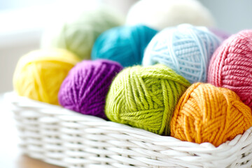 Multicolored knitting yarn in a white basket, with space for text.