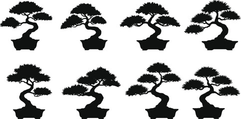Collection of bonsai tree silhouettes in pots, elegant Japanese miniature plant vector, detailed zen garden art illustration design