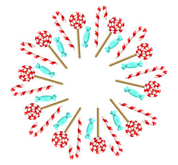 Round frame with Christmas lollipops and candy