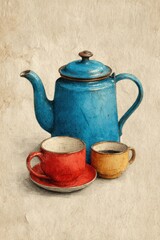 Watercolor illustration of a blue vintage teapot with red and yellow ceramic cups on beige textured paper background, rustic tea and coffee artwork