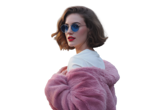 Fashion portrait of a woman with stylish sunglasses and pink fur coat