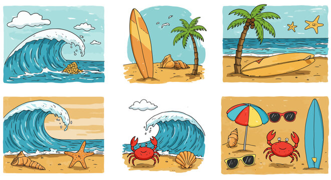 Collection of beach and ocean scenes with surfboards and crabs.