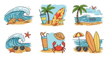 Fototapeta premium Collection of beach and ocean themed illustrations with surfboards and waves.