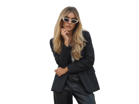 Fashionable woman poses thoughtfully in stylish sunglasses and black blazer portrait