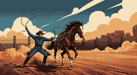Cowboy with lasso riding a horse in a desert landscape, digital art.