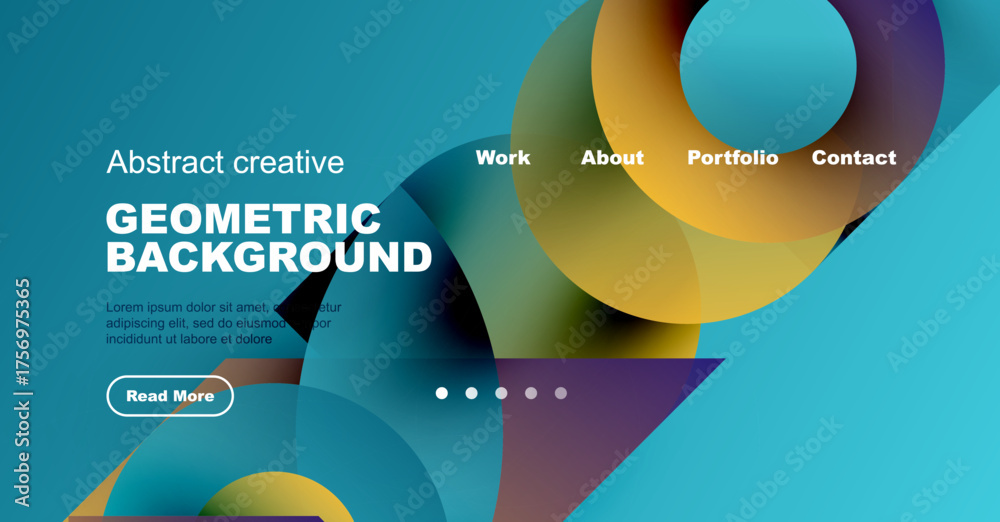 Wall mural Abstract geometric design. Vibrant colors, overlapping shapes create modern visual experience. Website header with navigation options present.