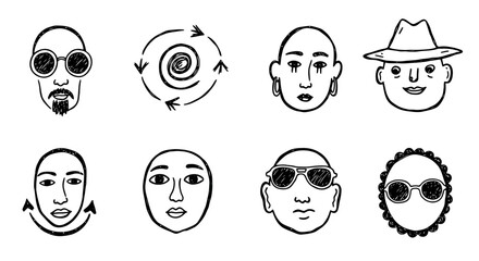 Collection of Diverse Hand Drawn Faces and Symbols in Sketch Style.