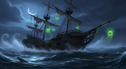 Ghostly Pirate Ship Sailing on Dark Blue Ocean Under Crescent Moon with Green Lanterns Glow