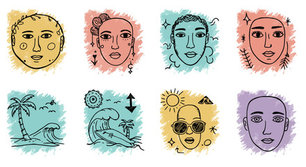 Collection of Diverse Hand Drawn Faces and Tropical Scenes.