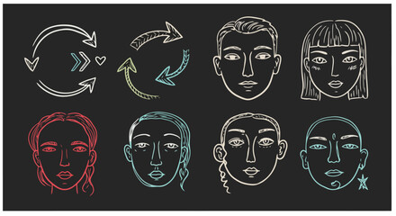Collection of Diverse Human Faces and Circular Arrows in a Minimalist Style.