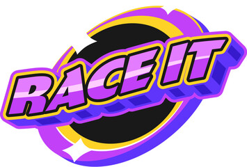 Automobile race motorsport retro Y2K sticker or tag. Speed racing championship Y2K vector sticker, rally grand prix tag. Drag race competition label with race it quote or saying purple typography