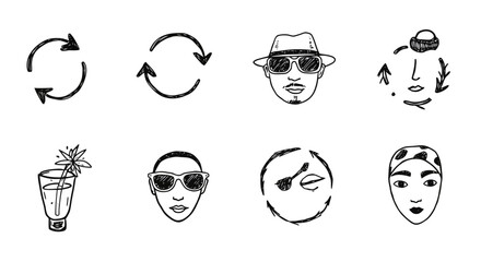 Collection of Diverse Icons Featuring Faces and Symbols.