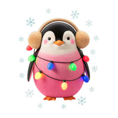 Festive penguin celebrating winter holidays with earmuffs and string lights cheerfully