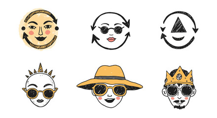 Collection of Diverse Stylized Faces with Unique Accessories and Symbols.