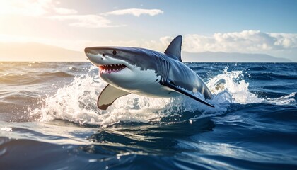 Fototapeta premium Majestic great white shark breaching ocean surface with striking clarity