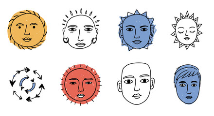 Collection of Diverse Sun Faces and Human Portraits.