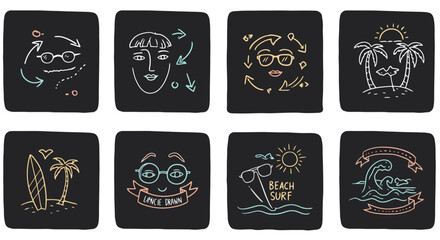 Collection of eight square icons with neon line art designs on black background.