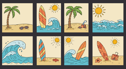 Collection of eight surfboards on sandy beaches with ocean waves and palm trees.