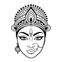 Intricate black and white illustration of a divine female face with ornate headdress and jewelry.